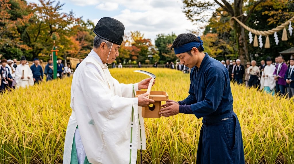 伏見稲荷大社の神田の畔で、白い神職の衣装をまとった男性が、伝統的な農耕着を身につけた日本人の奉耕者に、神聖な儀式用の鎌（斎鎌）を恭しく手渡している瞬間。