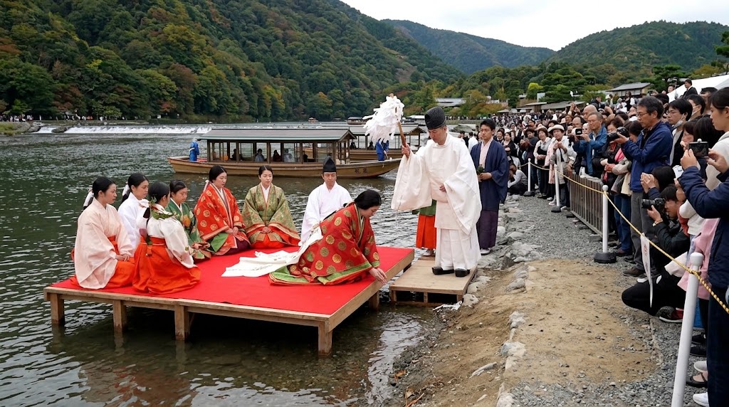 京都・嵐山の大堰川(北乗船場付近)で、斎宮代が川の水で身を清める「御禊(ぎょけい)の儀」と、それをお祓いする神職。川辺で見守る大勢の観客。