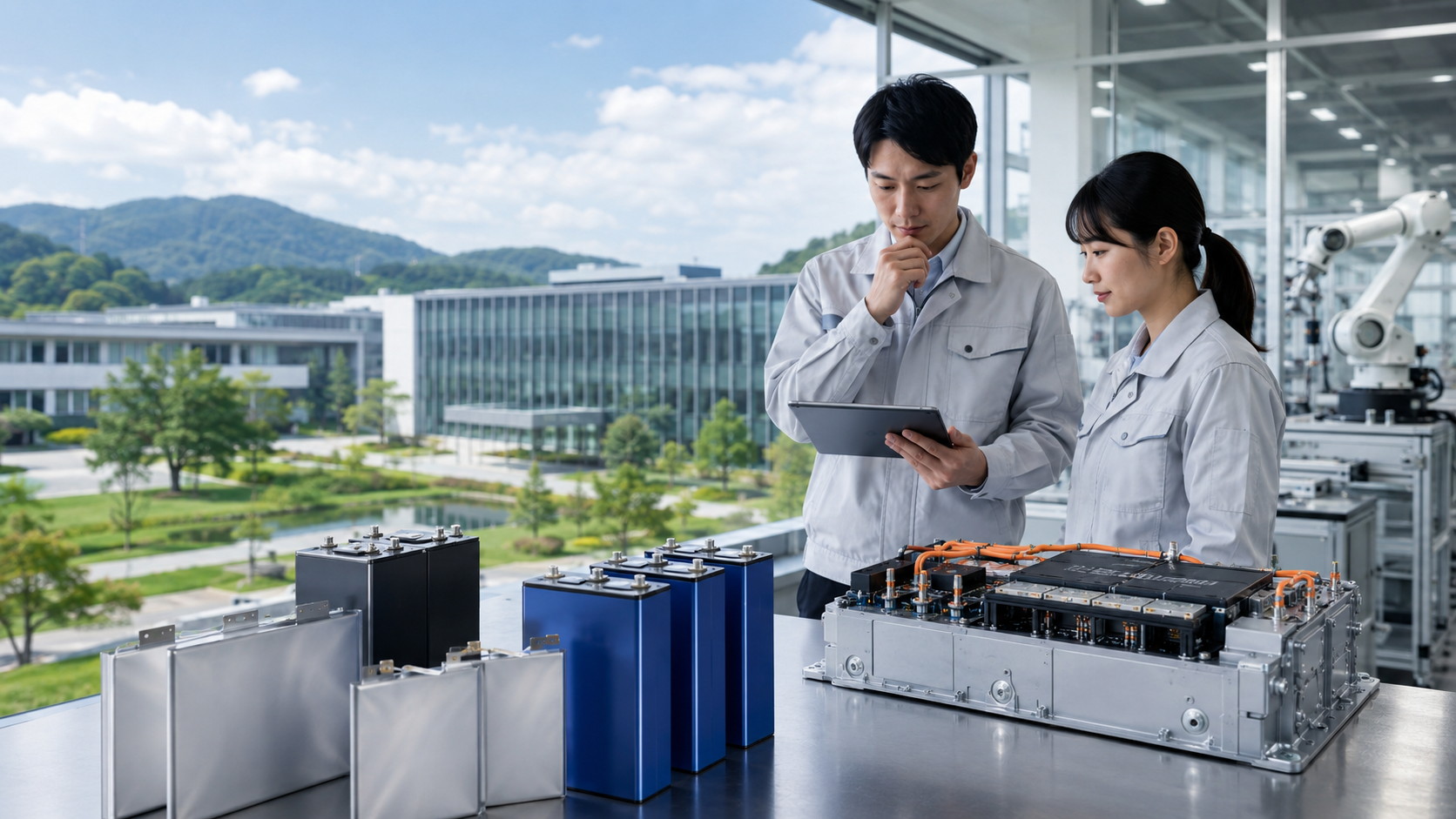 GSユアサの蓄電池技術を研究する日本人エンジニアとバッテリーモジュール