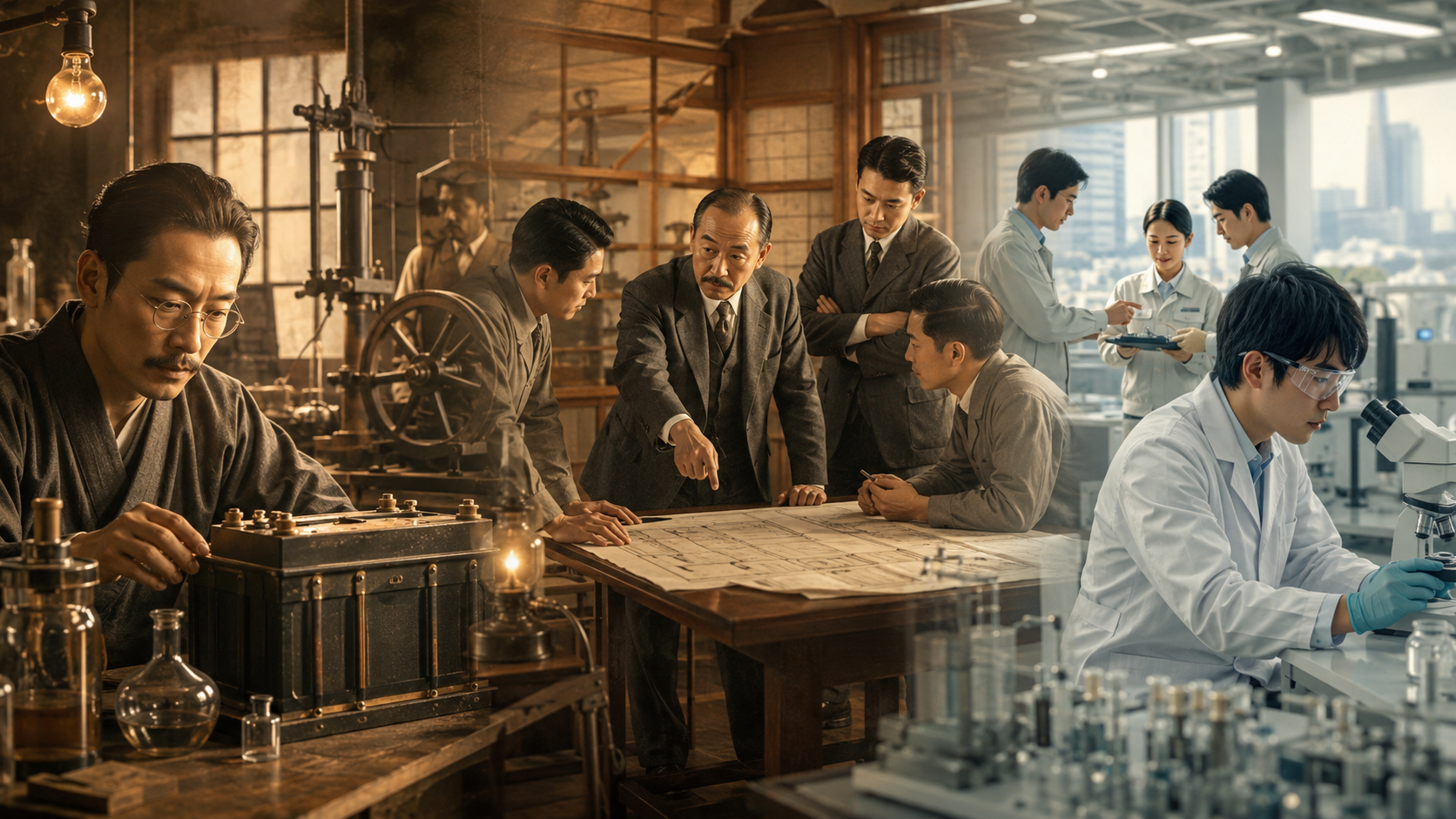 GSユアサの企業文化と蓄電池技術の歴史を表現した研究開発風景