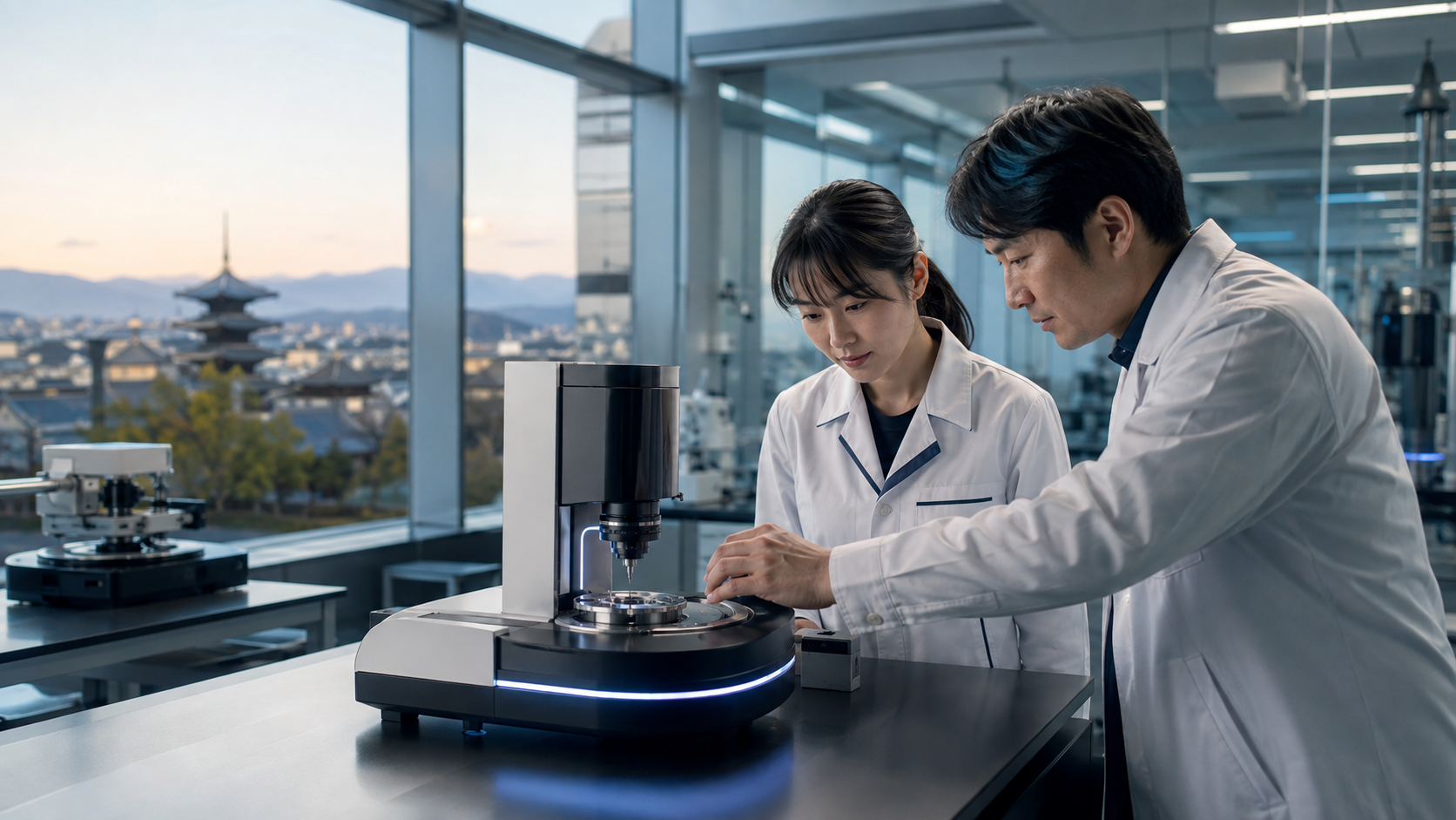 堀場製作所の分析計測技術をイメージした京都の研究室で働く技術者