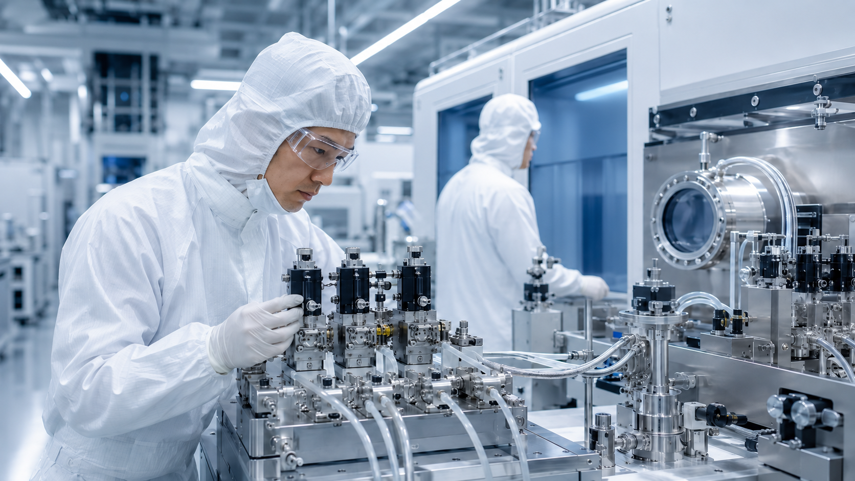 堀場製作所の半導体分野をイメージしたクリーンルームでの精密機器調整