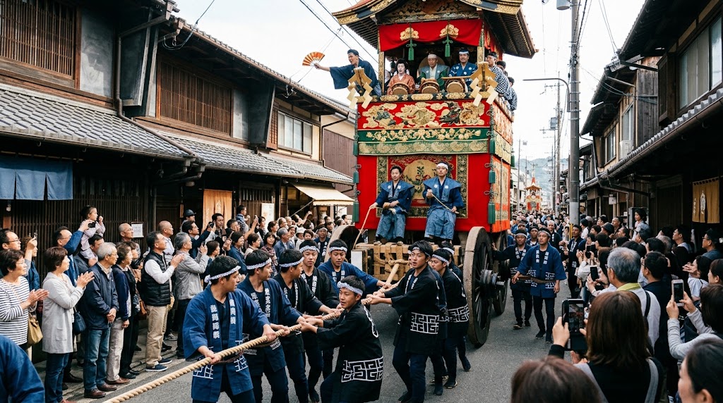 亀岡祭の本祭(山鉾巡行)。旧城下町の狭い通りを大勢の引き手と観客に囲まれて進む巨大な山鉾