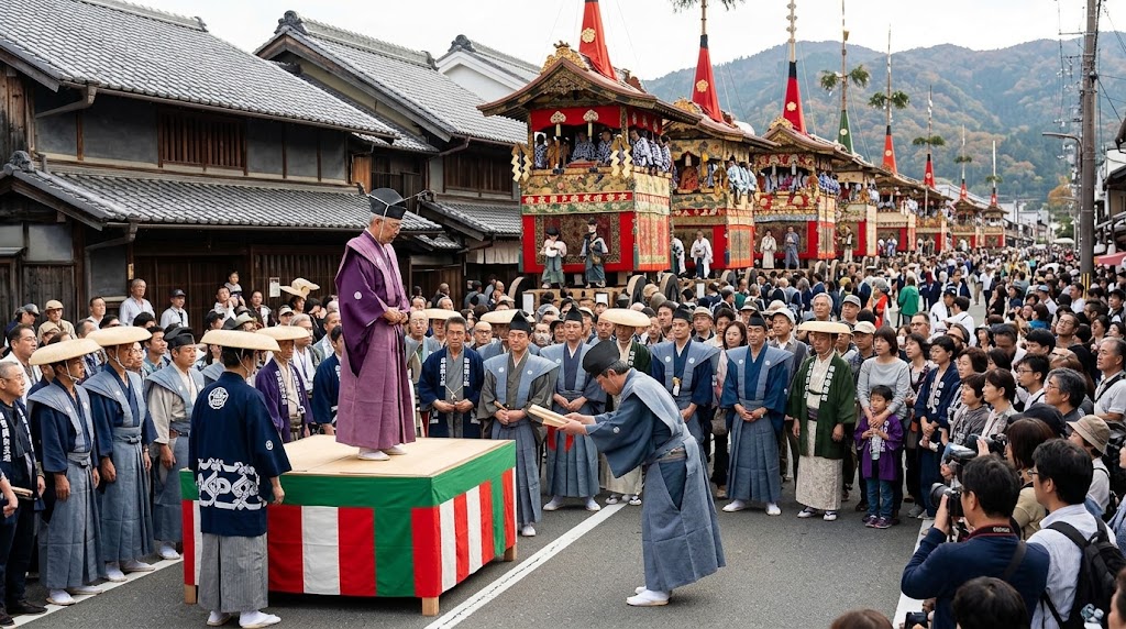 亀岡祭の旅籠町集結で行われる「くじ改め」の儀式。裃姿の代表者が台の上の執行者にくじを差し出す様子