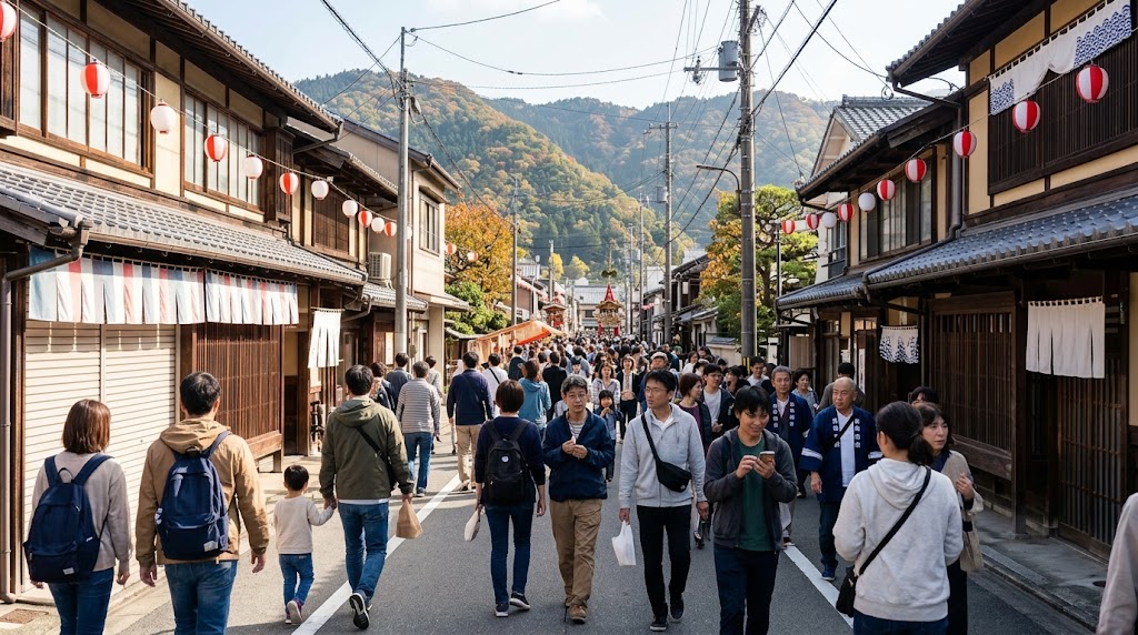 亀岡祭の会場(旧城下町)からJR亀岡駅方面へ歩く大勢の参拝客と家族連れの賑わい