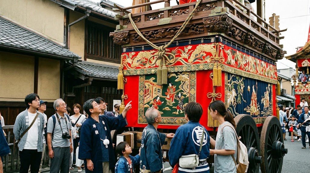 亀岡祭の山鉾を飾る絢爛豪華な懸装品(タペストリー)と、それを間近で鑑賞する参拝客たち