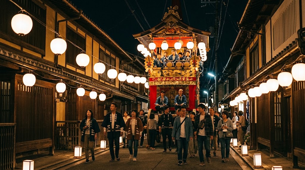 亀岡祭の宵宮。提灯の灯りと行灯で彩られた夜の旧城下町と、お囃子が響く山鉾