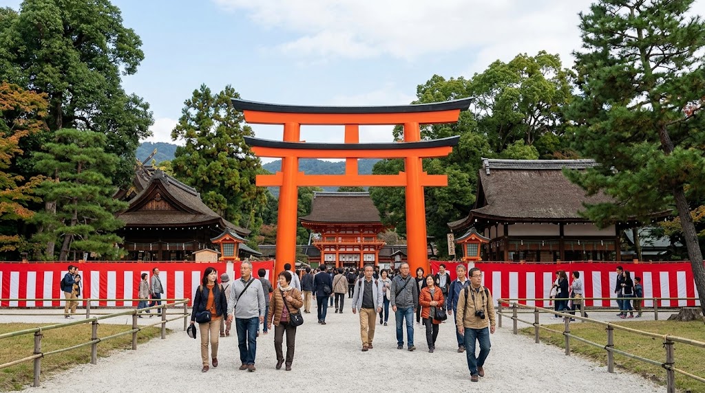 上賀茂神社の「一の鳥居」と、笠懸神事の開催日に集まる多くの参拝客や観光客の賑わい
