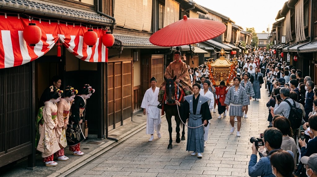 還幸祭で歴史ある花街・上七軒を巡行する行列と、お茶屋の格子戸の前からそれを見送る着物姿の芸舞妓たち