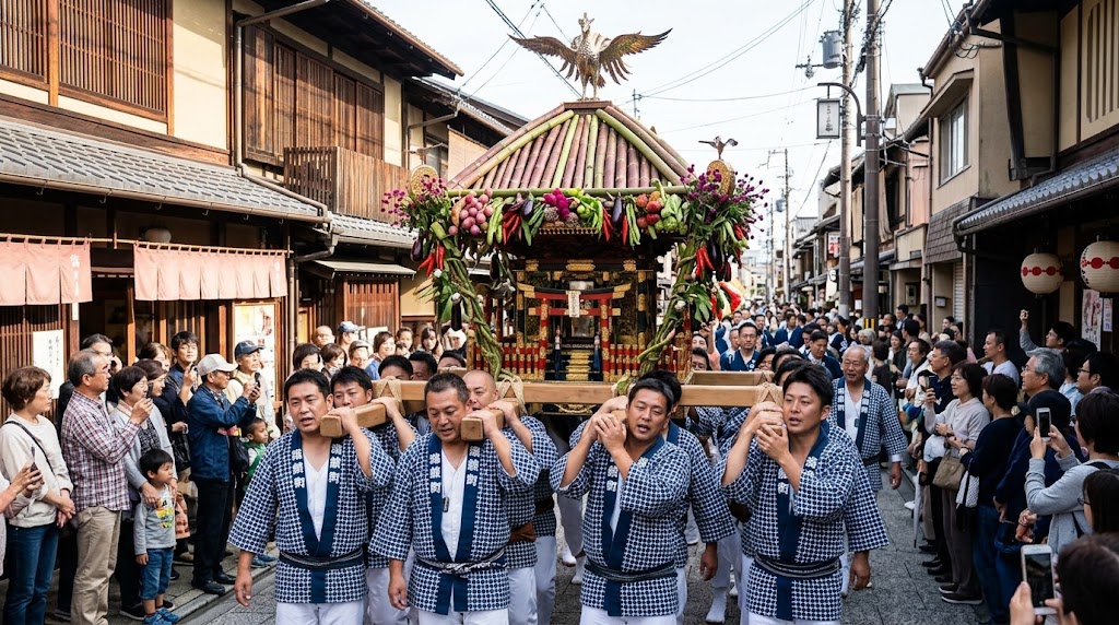 還幸祭の日に、伝統的な法被を着用した大勢の担ぎ手たちが活気あふれる掛け声とともに「ずいき神輿」を担いで京都の街を進む様子