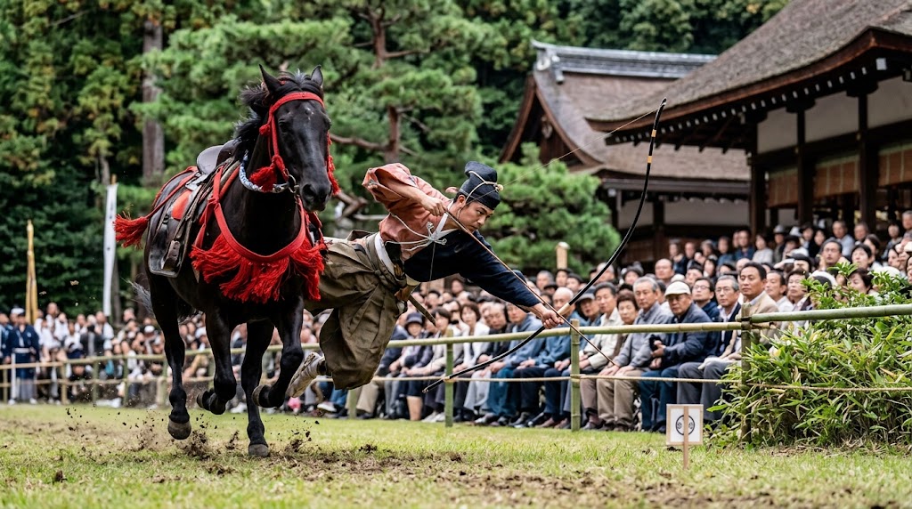 馬を走らせながら、地面近くの小さな的(小笠懸)を狙い斜め下へ体をひねって矢を放つ射手の難技