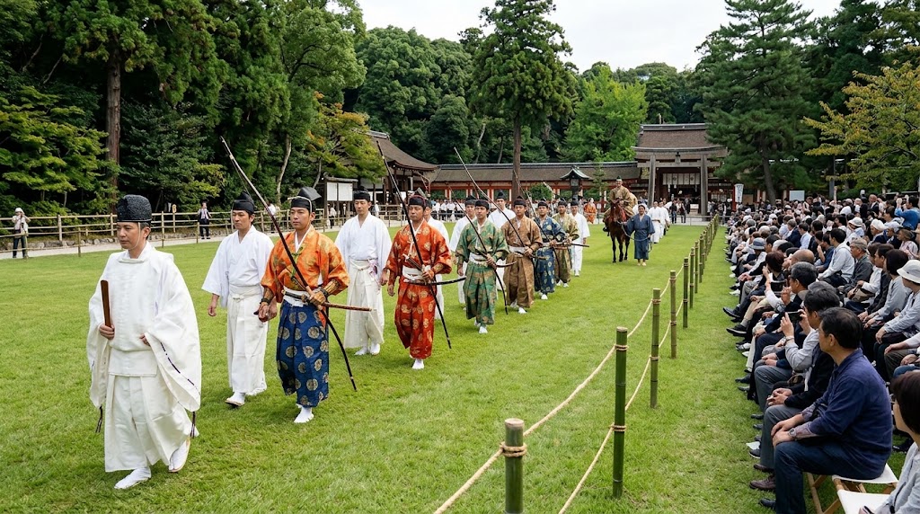 上賀茂神社の笠懸神事で、白い狩衣の神職に続いて芝生馬場へ進む武者装束の射手たちの行列