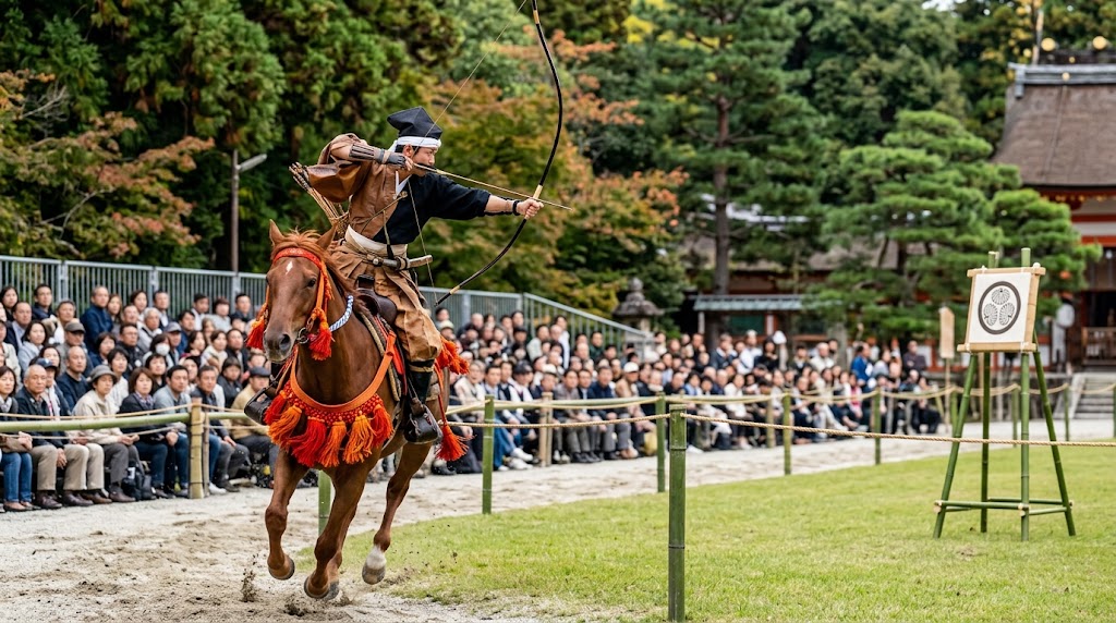 疾走する馬の上から、横の的(遠笠懸)を狙って大きな和弓を力強く引き絞る武者姿の射手