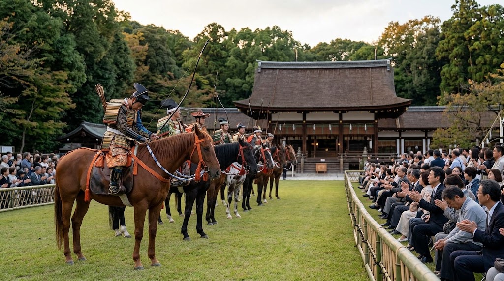 すべての騎射を終え、上賀茂神社の芝生馬場で一列に並び、観客や社殿に一礼を捧げる射手たち