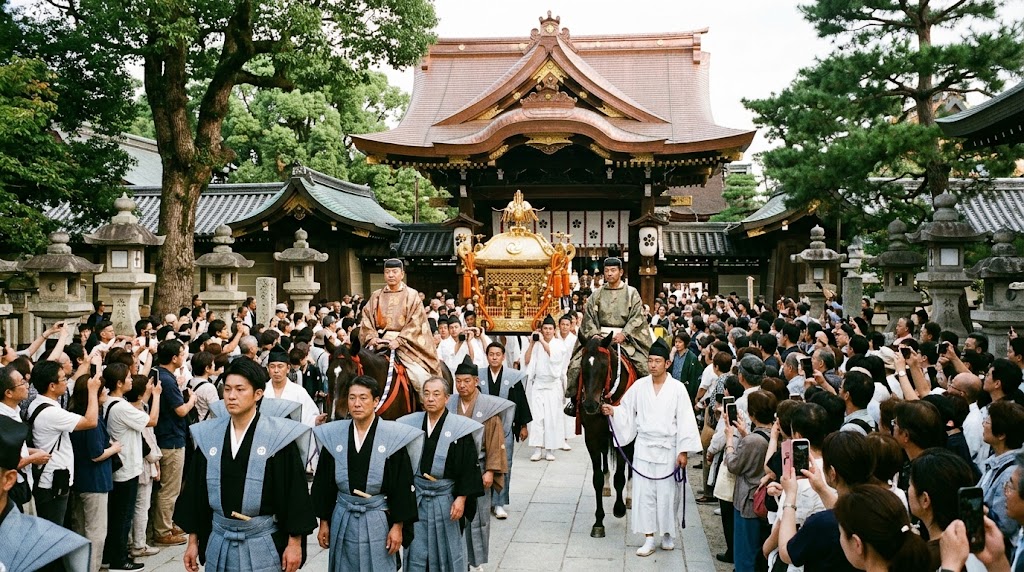 10月1日の神幸祭で、歴史的な衣装をまとった行列や馬に乗った神職が、北野天満宮本社の三光門から出発する様子