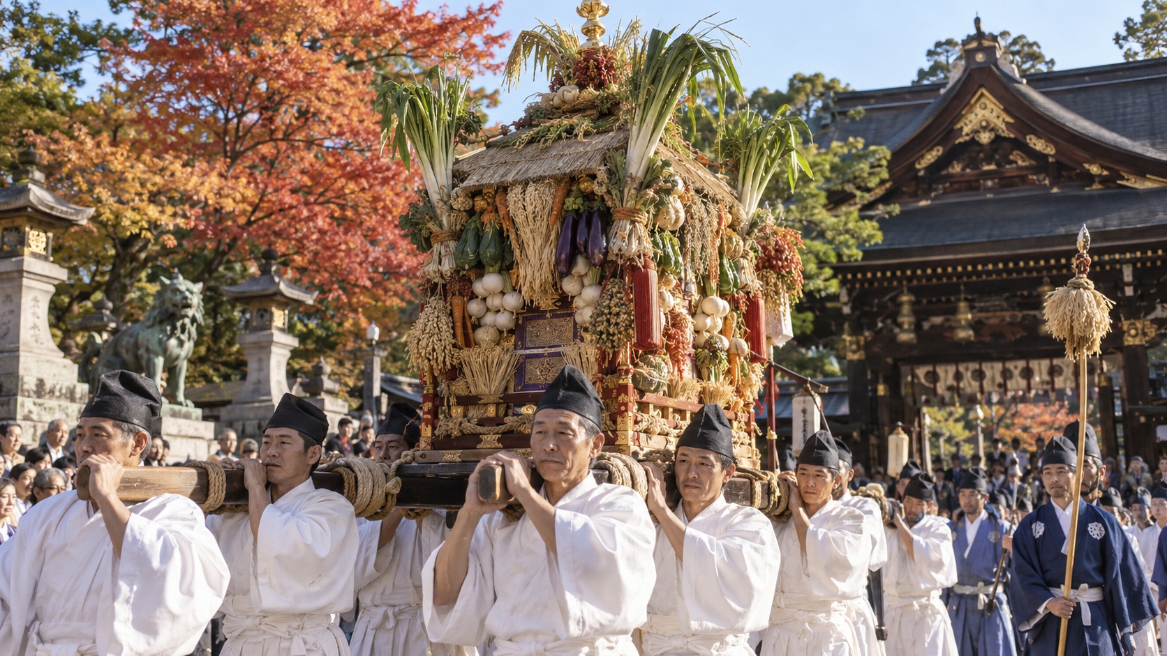 京都・北野天満宮の北野祭で巡行する野菜装飾のずいき御輿