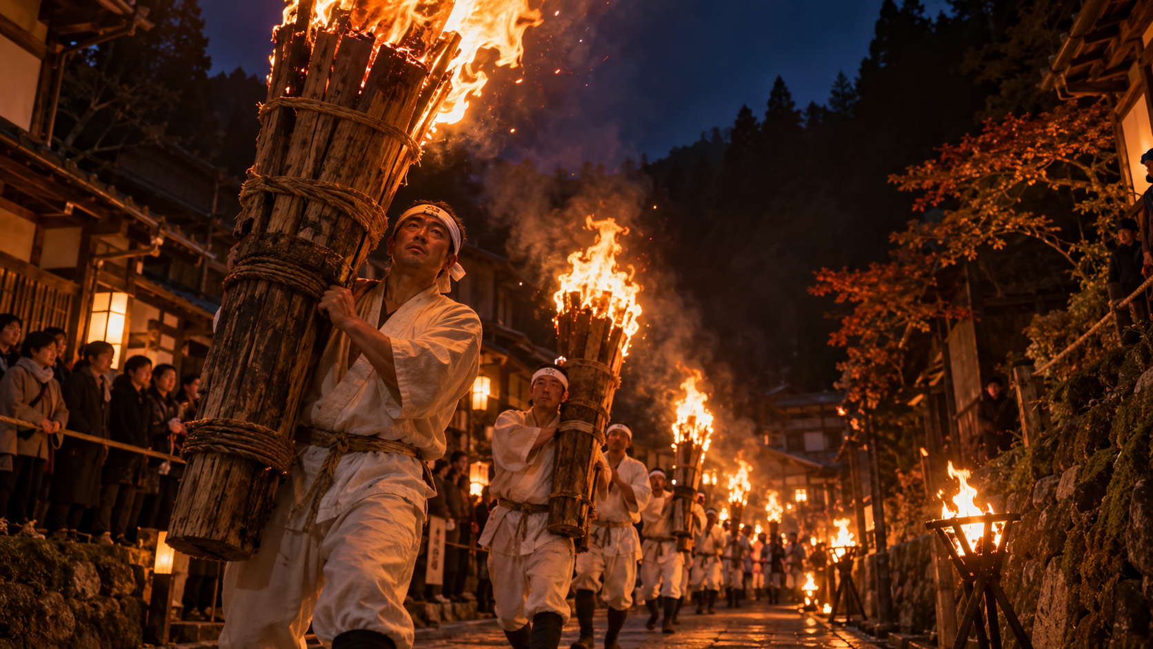 京都・鞍馬の火祭で巨大な松明を担いで夜の街道を進む人