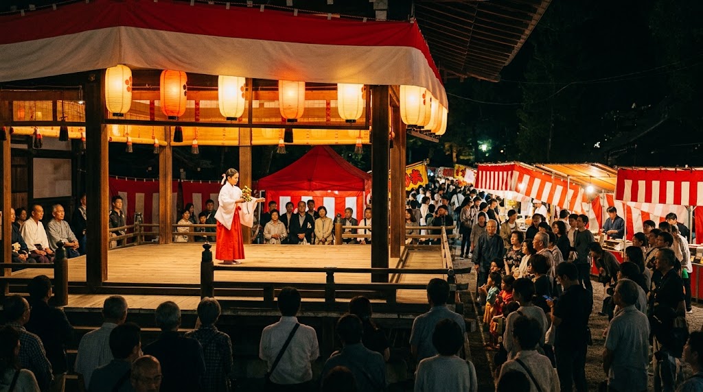 夕暮れ時の西ノ京御旅所で、提灯に照らされた神楽殿で奉納される「八乙女の舞」と、賑わう夜祭りの屋台