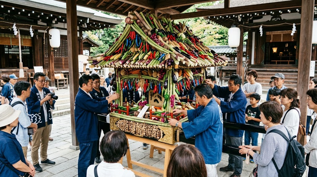西ノ京御旅所の境内で、保存会の人々が野菜や穀物で装飾された「ずいき神輿」を微調整し、参拝客が間近で見学する様子