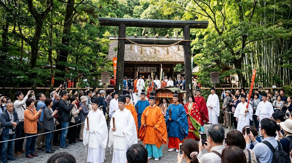 京都の野宮神社で出発の準備をする「斎宮行列」。黒木の鳥居や茅葺き社殿の前に、平安装束を身にまとった参加者と多くの見物客が集まっている様子。