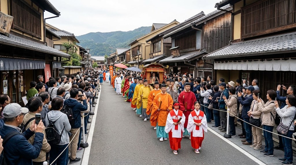 嵯峨・嵐山の古い歴史的な街並みを進む「斎宮行列」。平装束を着た子どもたちや参列者の列を、沿道の両側から大勢の観光客が撮影・見守る様子。