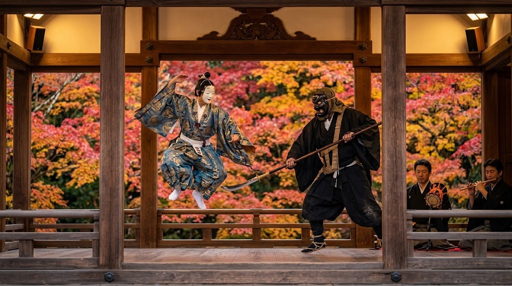 清凉寺狂言堂の舞台で上演される嵯峨大念仏狂言「橋弁慶」のダイナミックな一場面。白い仮面と青と金の衣装を着けた牛若丸が、黒い仮面と薙刀を持った弁慶の上を軽快に飛び越える。