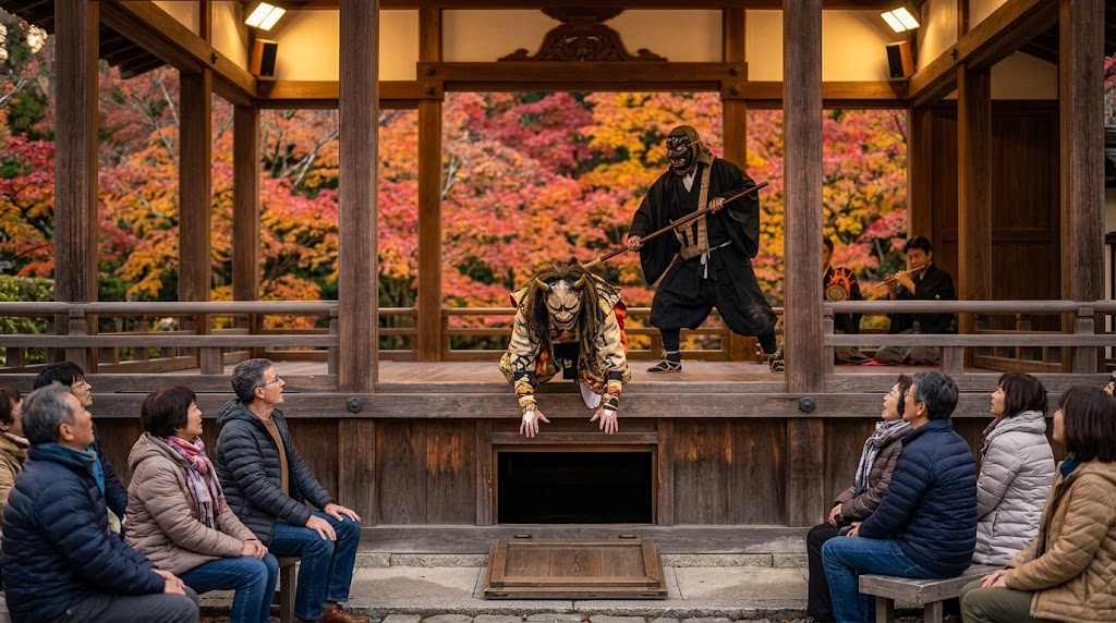 清凉寺狂言堂の独特な構造、二階建て舞台の「飛び込み」からくり。敗れた鬼の化け物が、舞台床の小さな穴から階下へ頭から飛び込む瞬間を、下から見上げたダイナミックな一枚。