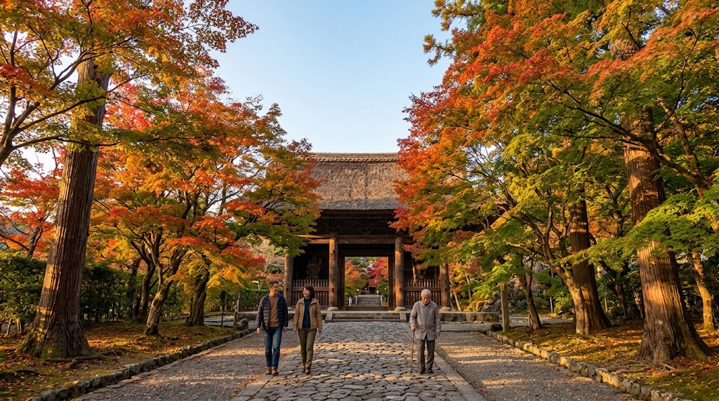 10月下旬、紅葉が色づき始めた京都・嵐山の清凉寺（嵯峨釈迦堂）の仁王門へと続く石畳の参道。秋の気配と、静寂に包まれた歴史ある寺院の風景。