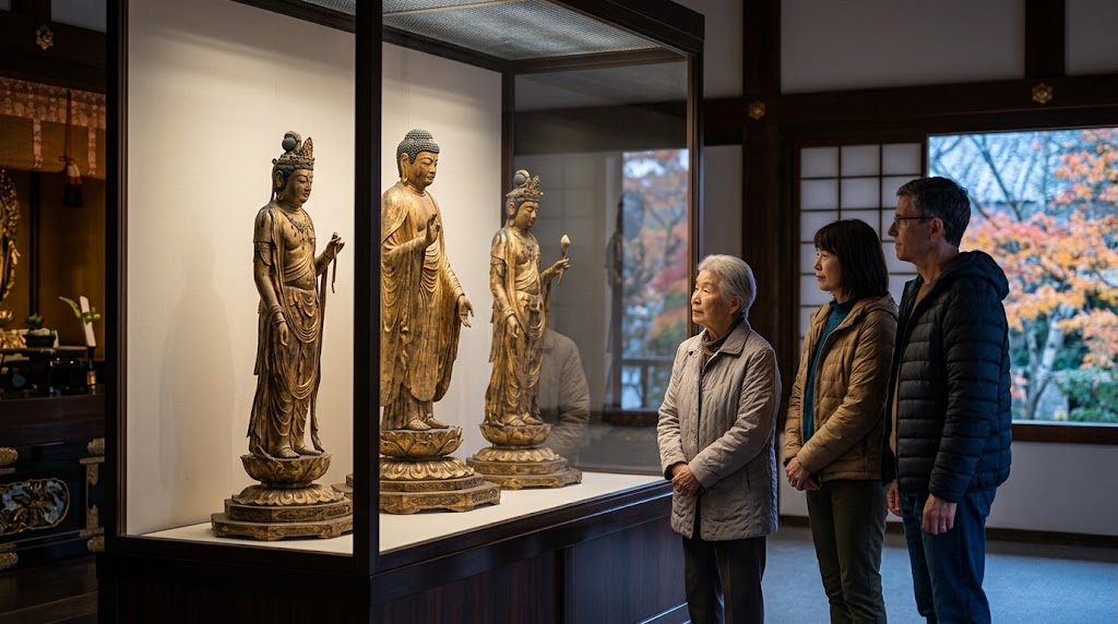清凉寺霊宝館の静かな展示室。秋期特別公開で、国宝「阿弥陀三尊像」を鑑賞する日本人観光客。