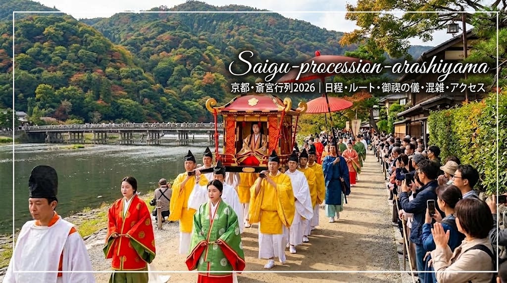 京都・嵐山で10月に開催される「斎宮行列」。渡月橋と大堰川を背に、平装束をまとった参列者と輿に乗る斎宮代が、大勢の観客の中を進む様子。