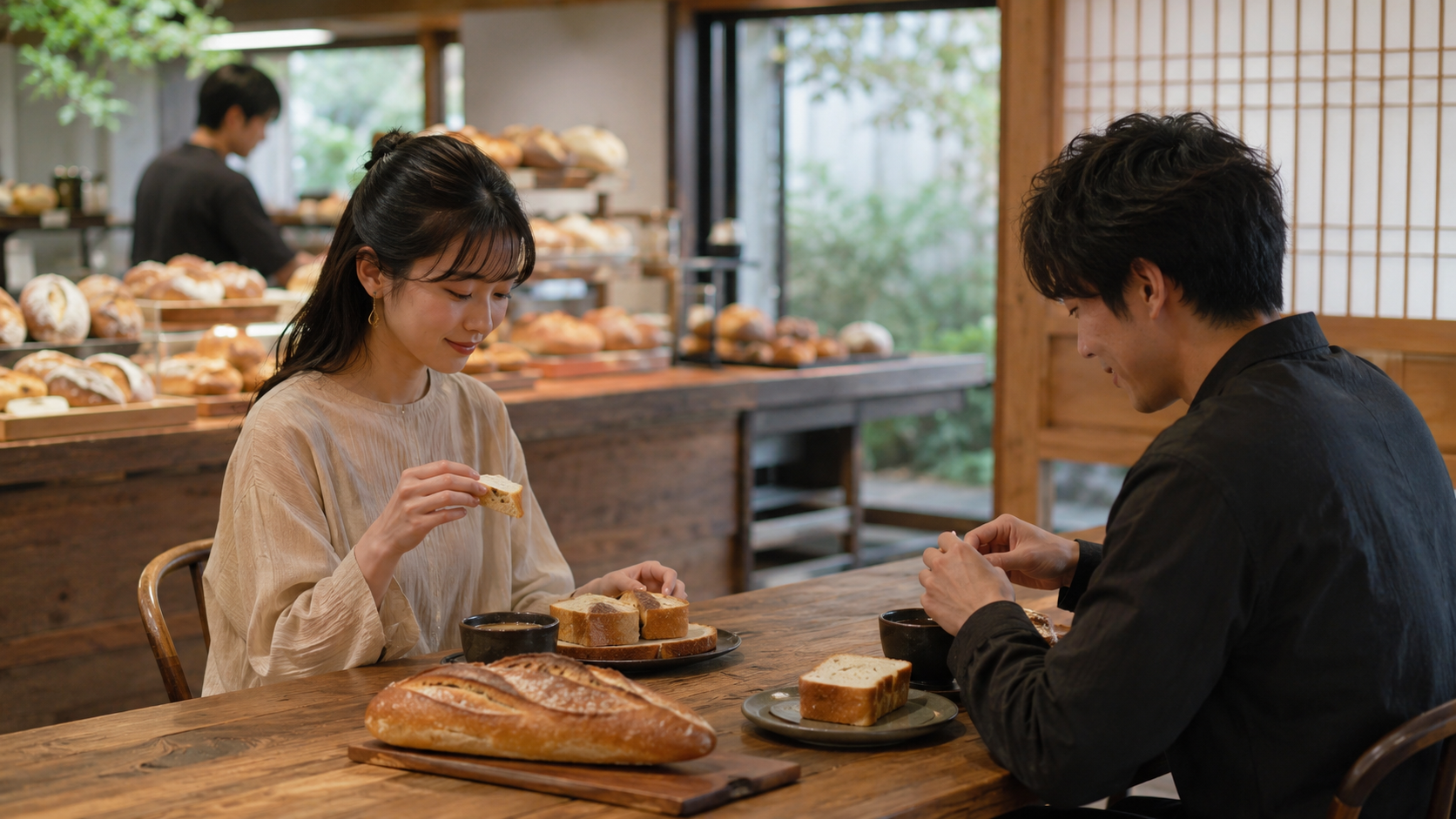 京都のベーカリーカフェでパンとコーヒーの朝食を楽しむ男女