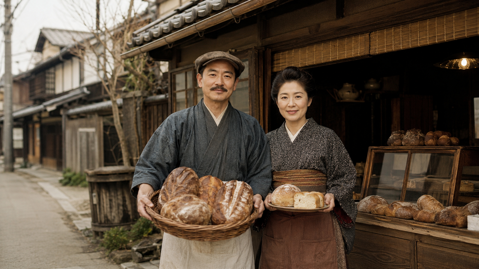 京都の老舗パン屋を思わせる店先でパンを持つ夫婦の風景