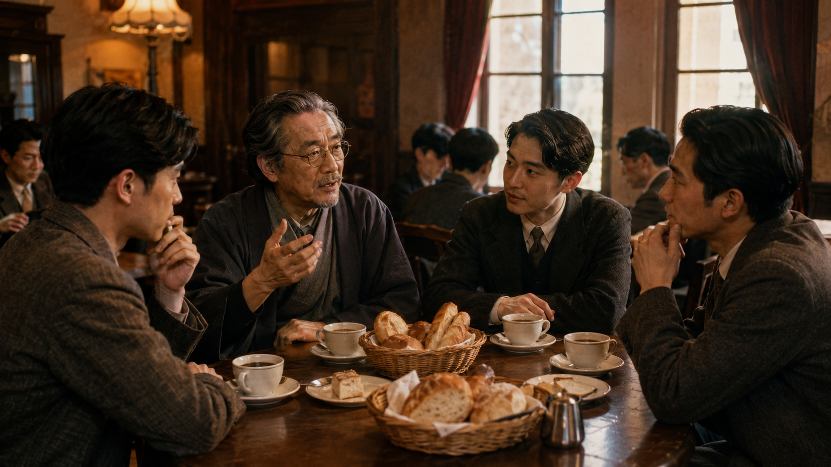 京都のレトロな喫茶空間でパンとコーヒーを囲んで語らう人々