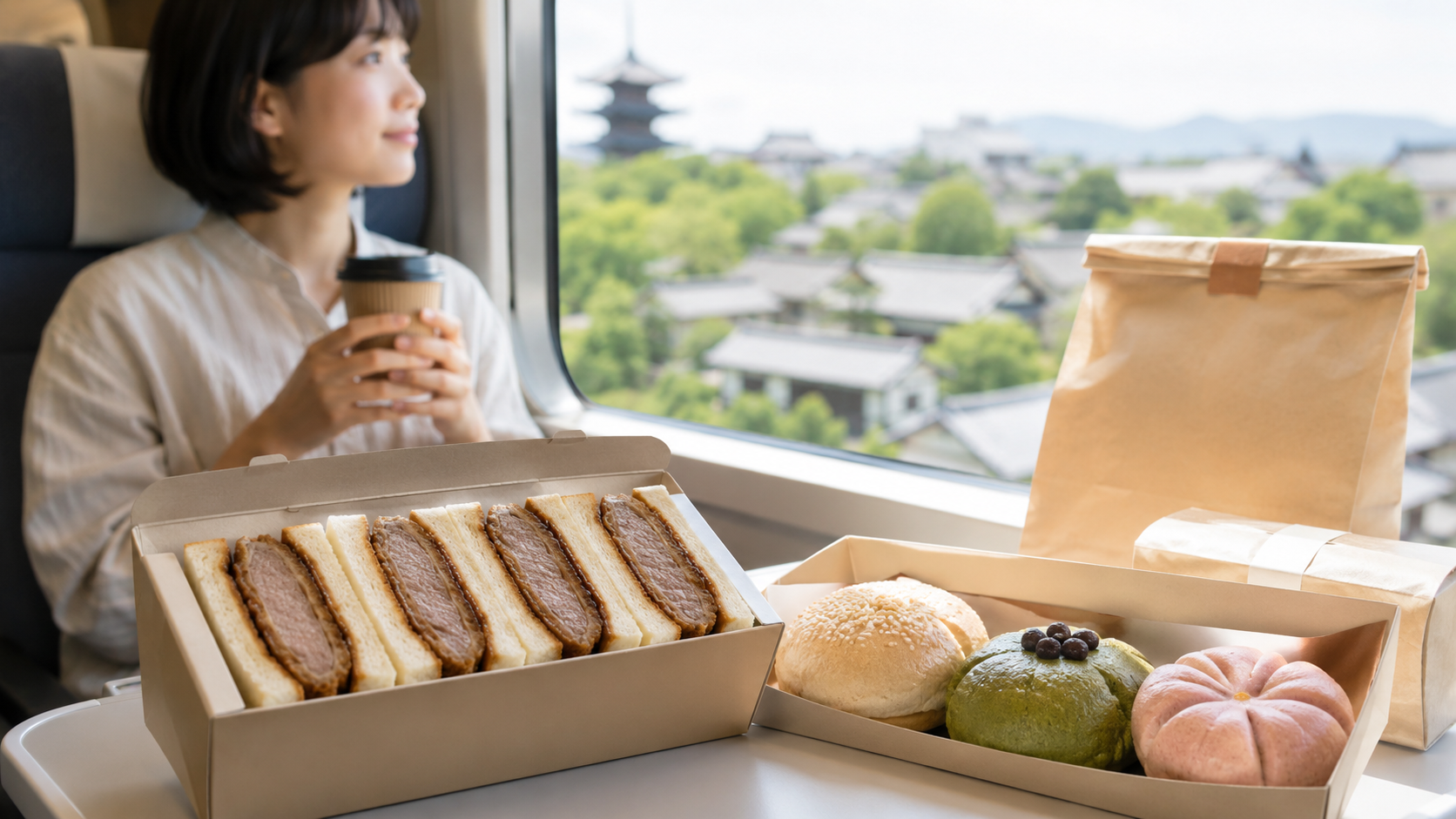 京都旅行の移動中に楽しむビーフカツサンドと和風パンのイメージ