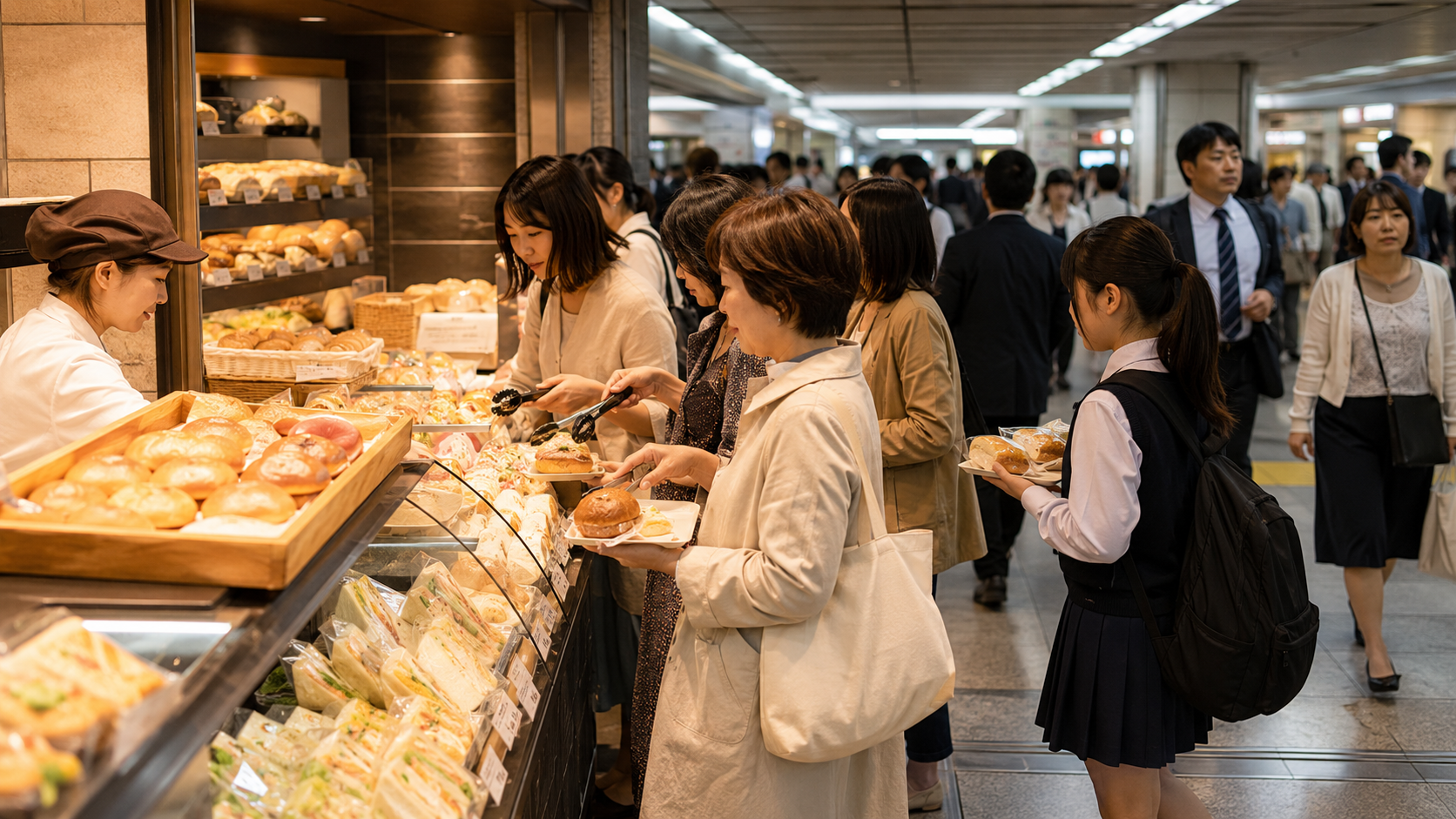 京都の駅構内で日常的にパンを買う人々をイメージしたベーカリー