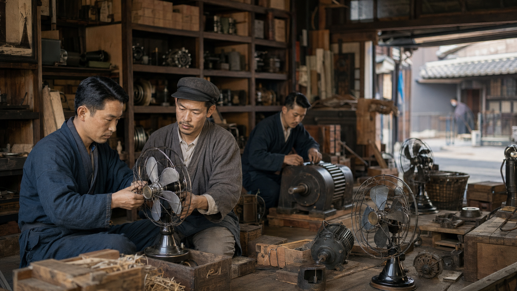 1926年に扇風機やモーターの販売から始まったたけびしの創業風景