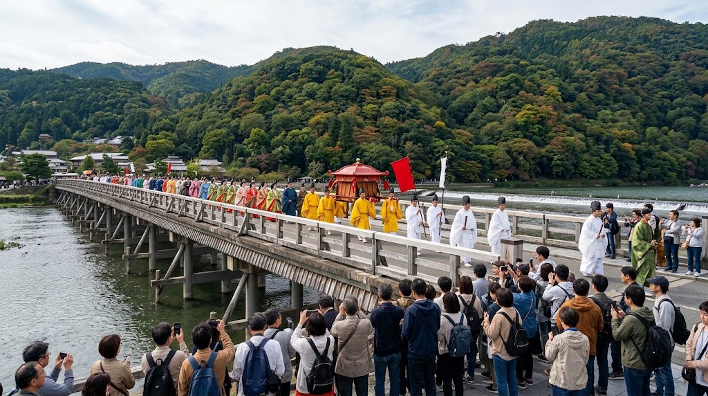 秋の嵐山・渡月橋を渡る「斎宮行列」。大堰川と色づく山々を背景に、平装束の長い列が橋を進み、多くの見物客が沿道から見守る光景。