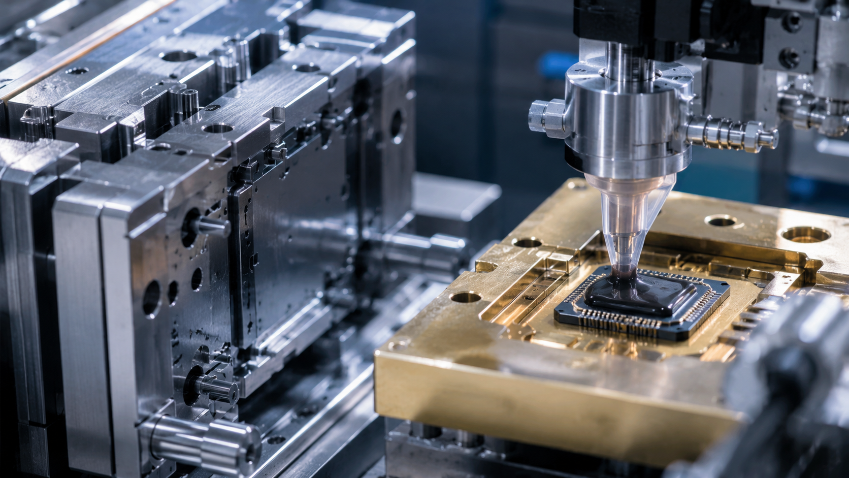 TOWAの超精密金型と半導体モールディング技術をイメージした精密成形工程