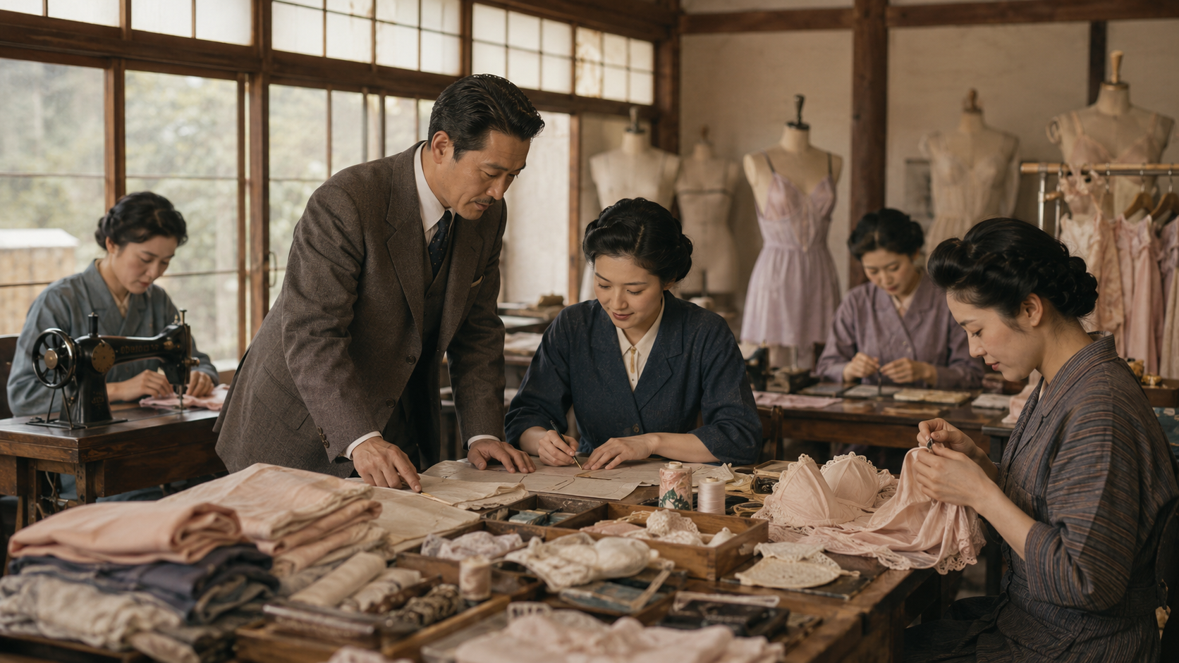 戦後の京都でインナーウェアづくりに取り組む日本人の縫製工房