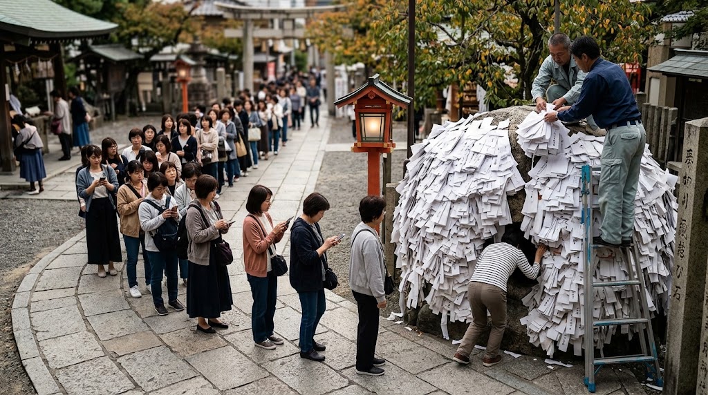 京都・安井金比羅宮の境内中心に鎮座する、白い和紙の「形代（かたしろ）」で完全に覆われた巨石「縁切り縁結び碑（いし）」の全景。多くの日本人参拝者が巨石の周りに列を作り、碑の下に穿たれた円形の貫通孔をくぐる順番を待っている。周囲には秋の木々や石灯籠がある。