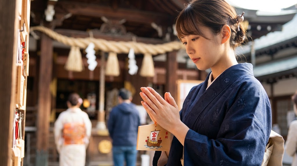 安井金比羅宮の拝殿にて、紺色の着物を着た日本人女性が真剣な表情で参拝している。彼女は「二礼二拍手一礼」の作法で神前に向き合い、手に持った形代（かたしろ、白い和紙の祈願札）を、悪縁を断ち良縁を結ぶ巨石へ貼り付ける前に祈りを捧げている。
