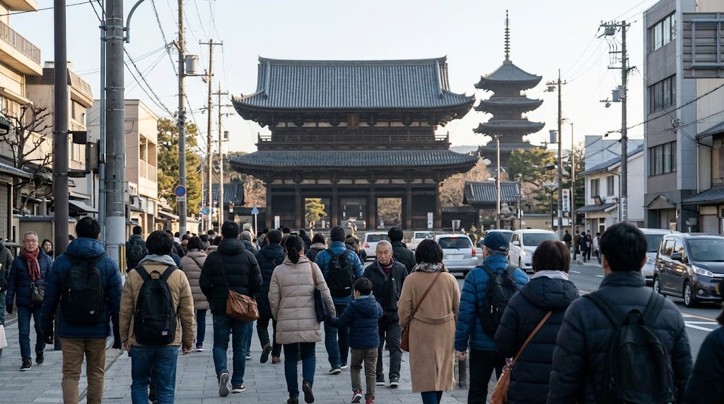 京都駅八条口方面から、東寺の巨大な「南大門」と「五重塔」を目指して歩道を歩く大勢の参拝客(後姿)の様子。冬の柔らかな日差しの下、防寒着を着た人々が歴史的な寺院へと向かう、徒歩アクセスの光景。