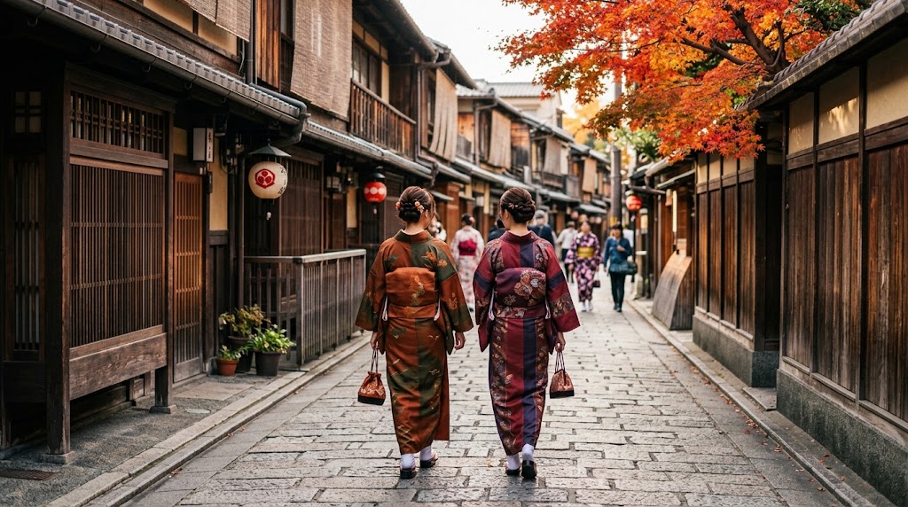 秋の紅葉が彩る京都祇園の石畳を和服で散策する後ろ姿