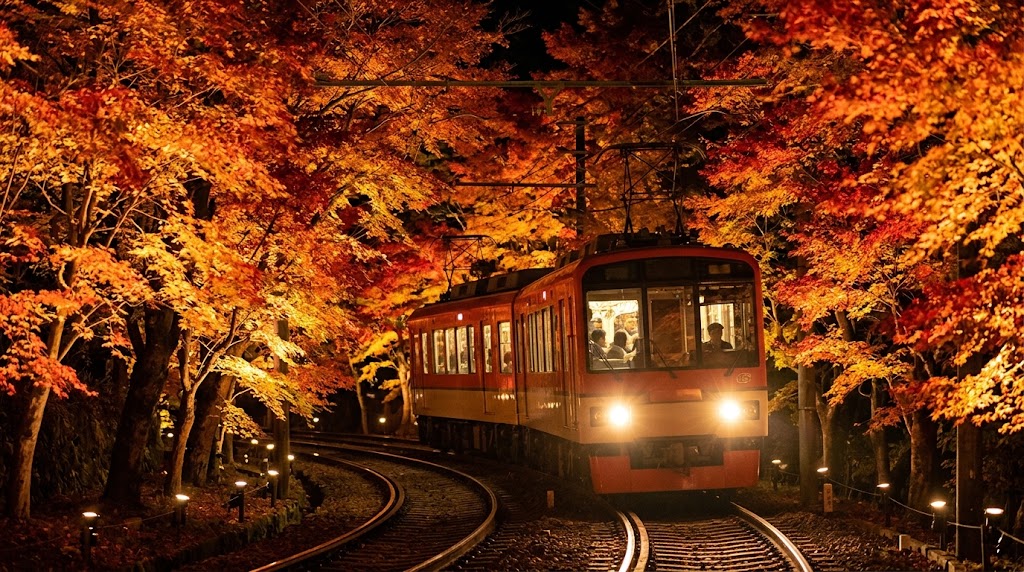 夜の闇の中、ライトアップされた色鮮やかな紅葉（カエデ）が線路の両脇を覆う「もみじのトンネル」を、前照灯を輝かせながらゆっくりと進む叡山電車の赤い車両。車内から外を眺める乗客たちの姿が見える、京都の秋の幻想的な風景。