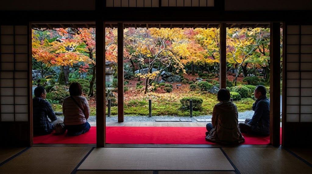 京都・圓光寺の書院の畳と赤い毛氈（もうせん）に座り、開け放たれた障子越しに「額縁絵」のように広がる美しい「十牛之庭」の紅葉を静かに鑑賞する参拝客。