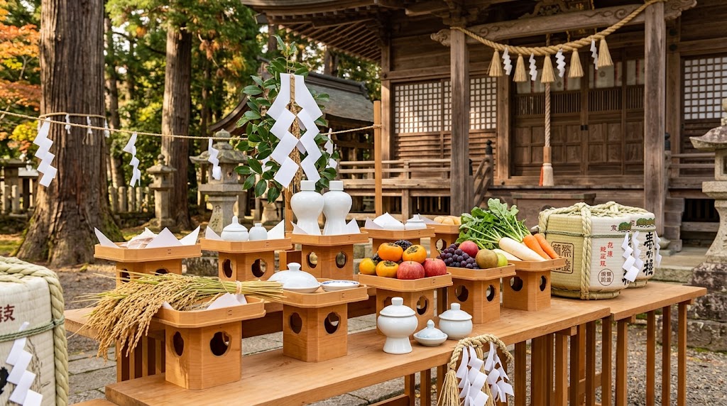 季大祭で神前に供えられる、新穀(稲穂)や大根・人参・果物などの海山の幸、お神酒(神饌)が載った木製の三方(お供え台)