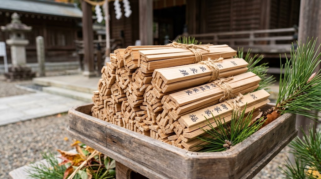 願い事が墨書きされ、麻紐で束ねられた、藤森神社の火焚神事で焚き上げられる無数の木製の火焚木(ひたきぎ)