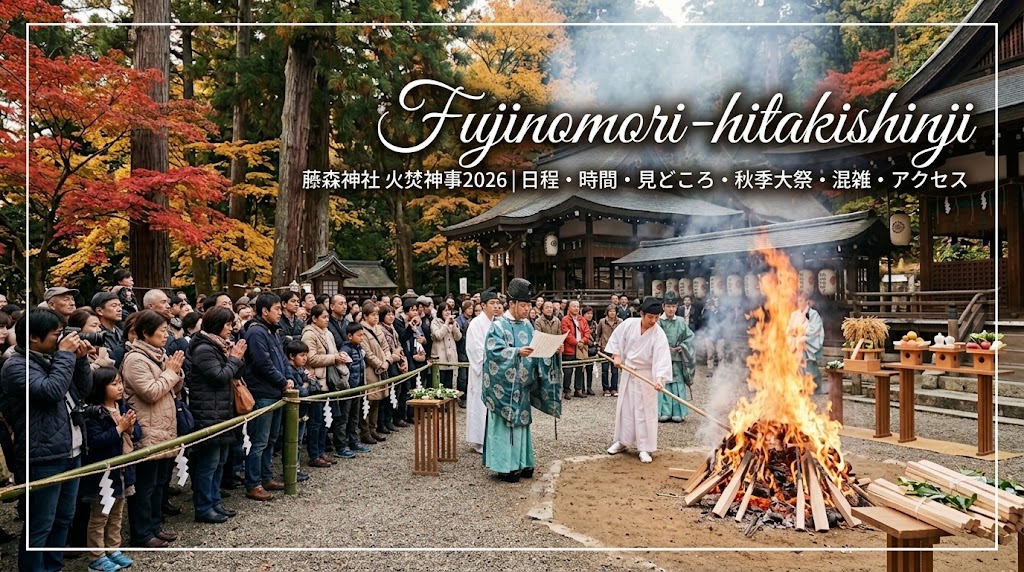 秋の藤森神社の境内で、大勢の参拝者が見守るなか、神職が祝詞を唱え、火焚木が燃え盛る火焚神事（秋季大祭並火焚祭）の神聖な様子
