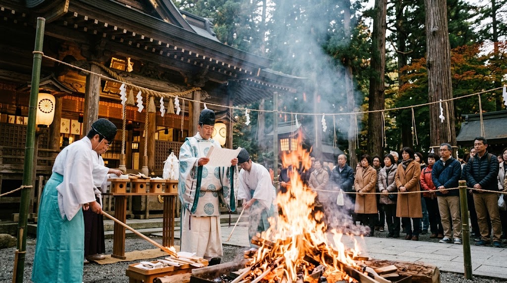 本殿前の火床で勢いよく燃え上がる炎(神火)の前で、祝詞を奉読する神職と、それを見つめる参拝者たち