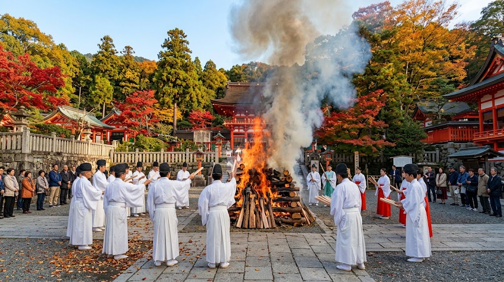 伏見稲荷大社の神苑斎場に立ち上る3基の火床と白煙を囲む火焚神事の様子